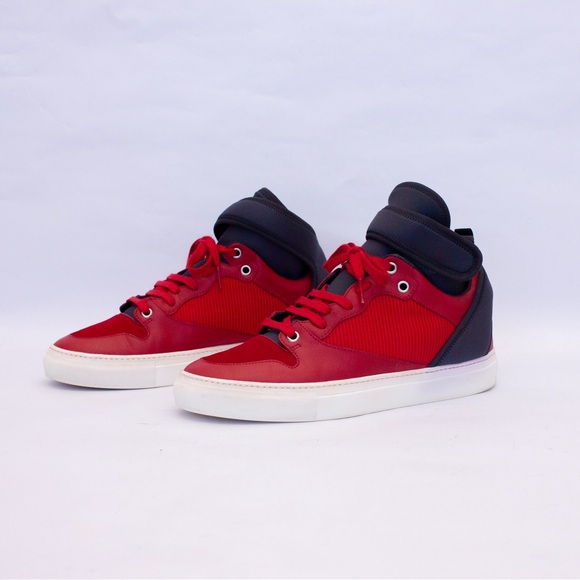 Balenciaga Mens Red Navy Blue Neoprene Strap High Top Sneakers N3812 - Picture 1 of 16